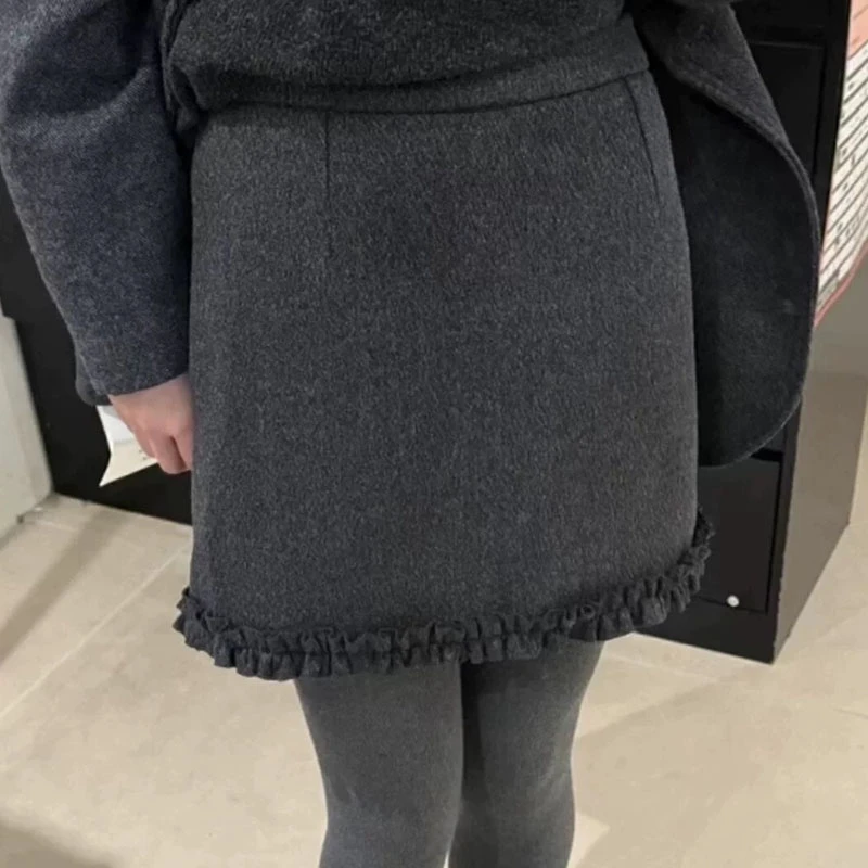 设计感高腰显瘦半身裙早春新款花苞木耳边毛呢A字短裙女时尚百搭