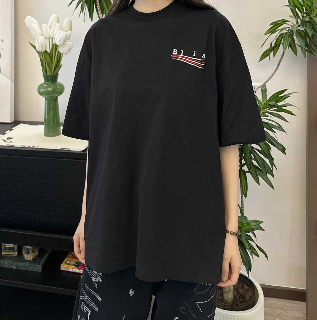 小巴风格黑色海浪刺绣短袖T恤时尚百搭男女同款经典