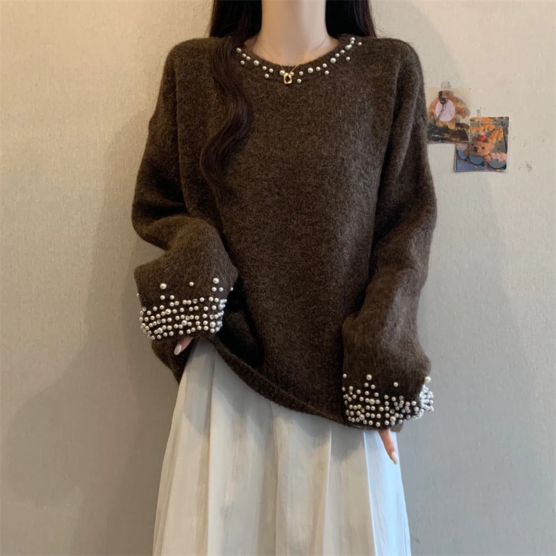 冬季通用法式宽松纯色厚款大码圆领长袖涤纶套头开衫款慵懒显瘦巨