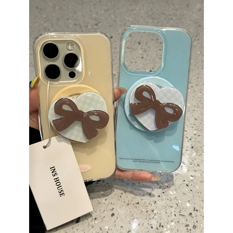 创意棕丝带蝴蝶结蓝爱心适用iphone16promax手机壳15pro苹果14/13