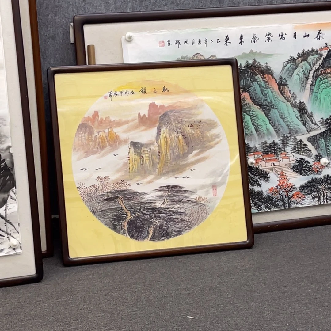 国画斗方秋之韵无水靠山图画框作品69×69