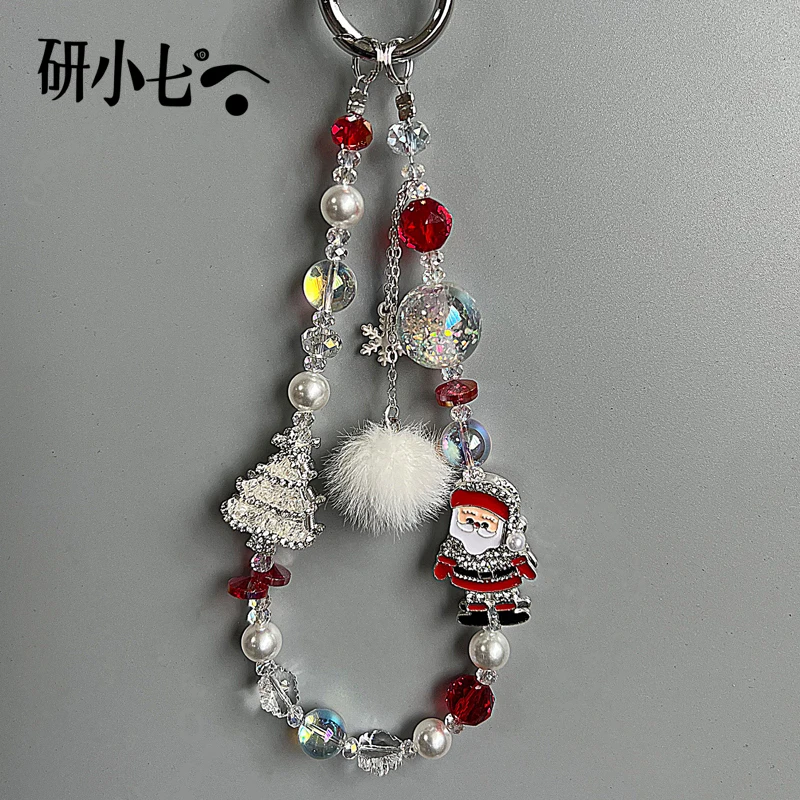 研小七圣诞老人水晶手机挂链红色氛围雪花圣诞树秋冬包包挂绳D189