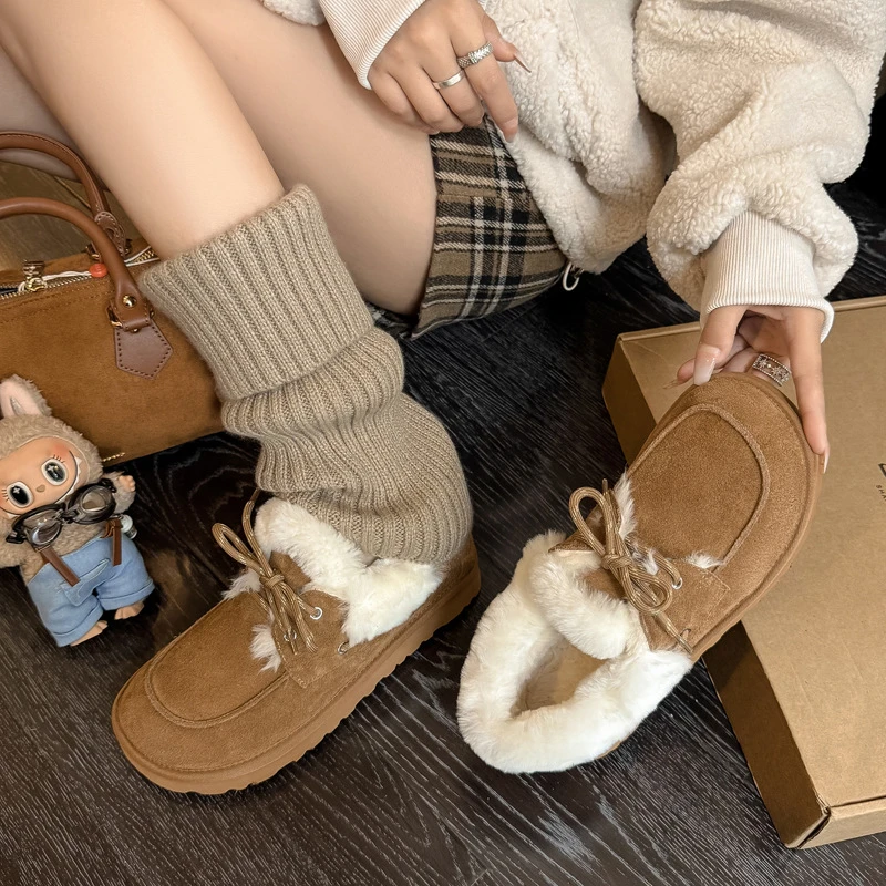 可配堆堆袜百搭系带低筒雪地毛毛鞋冬低跟牛反绒面加绒棉鞋女