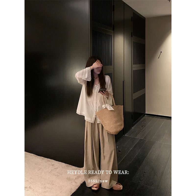 黑豆哼哼 松弛具象*亚麻飘带阔腿裤女春季褶皱设计感休闲直筒裤子