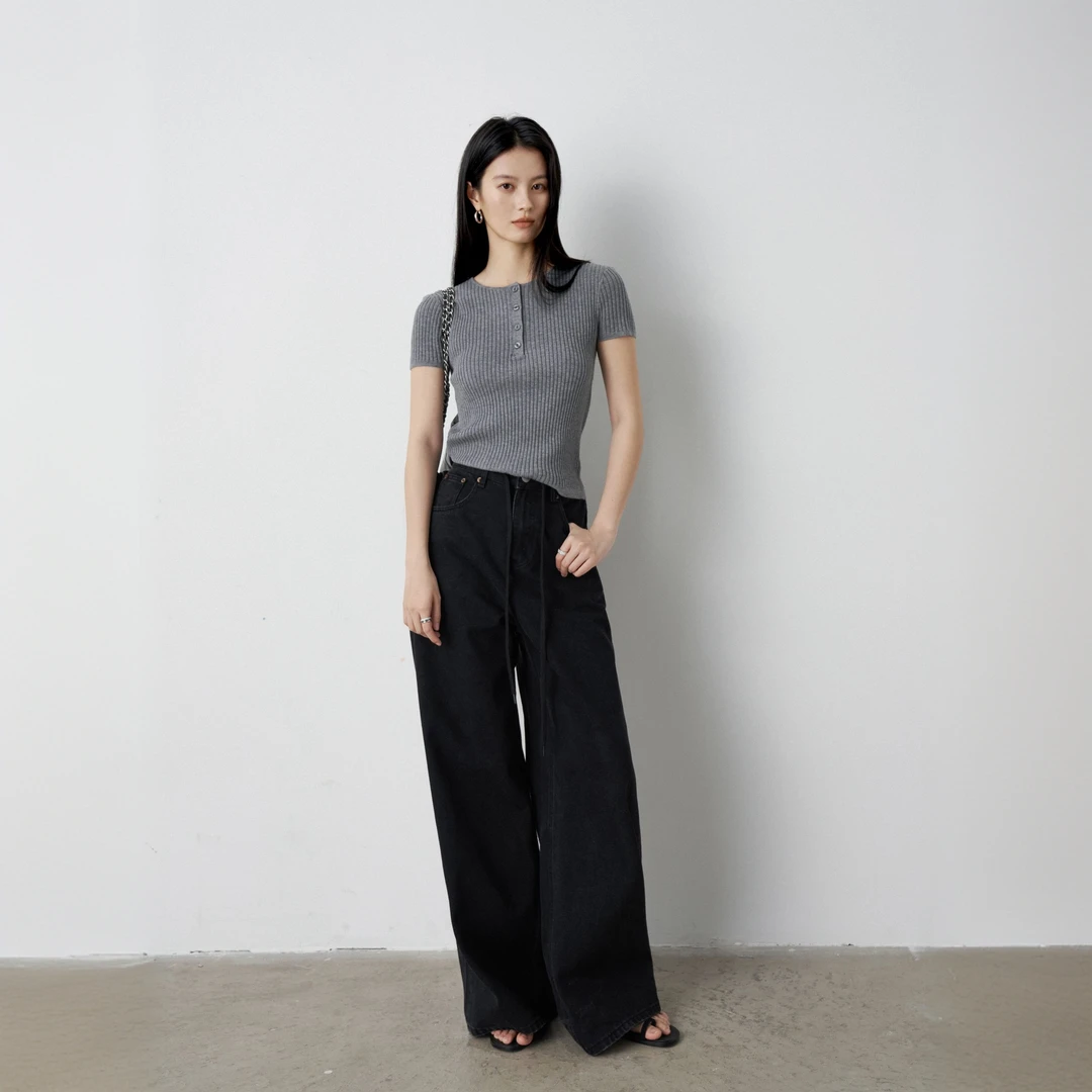 Moprobably李予诺「态度时代」韩版高腰水洗直筒牛仔裤L5173004