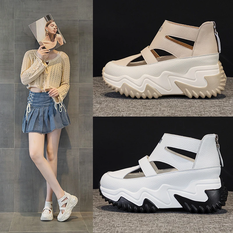 Z8805内增高7CM真皮老爹鞋女 2024夏季新款百搭韩版厚底松糕