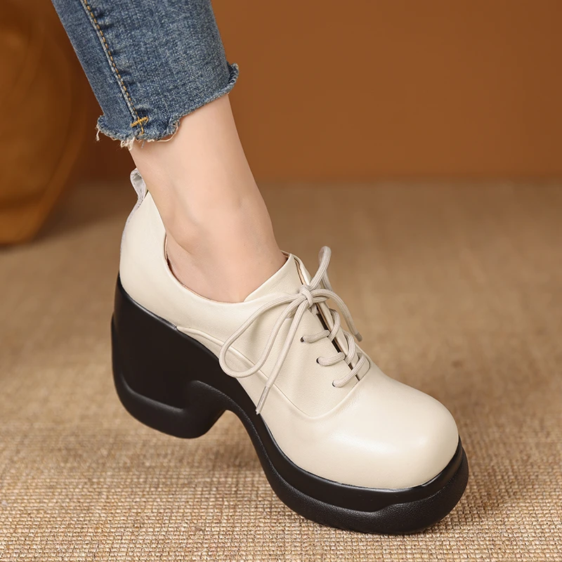 米白色系带小皮鞋9cm小个子厚底坡跟单鞋女圆头防水台真皮高跟鞋