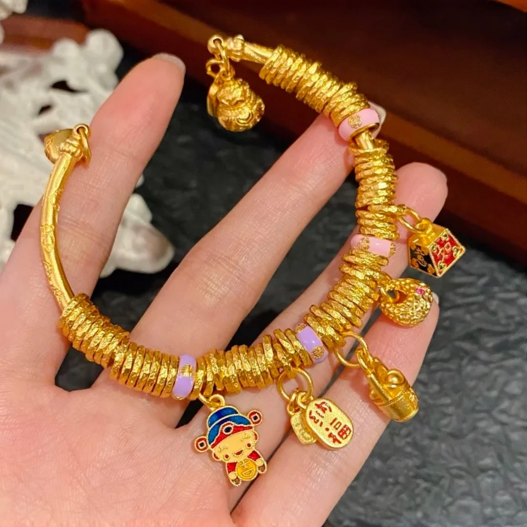 【顺丰发 次日达】古法鎏金珐琅彩秤心如意小财神吉言钱串儿盘缠手镯铜合金