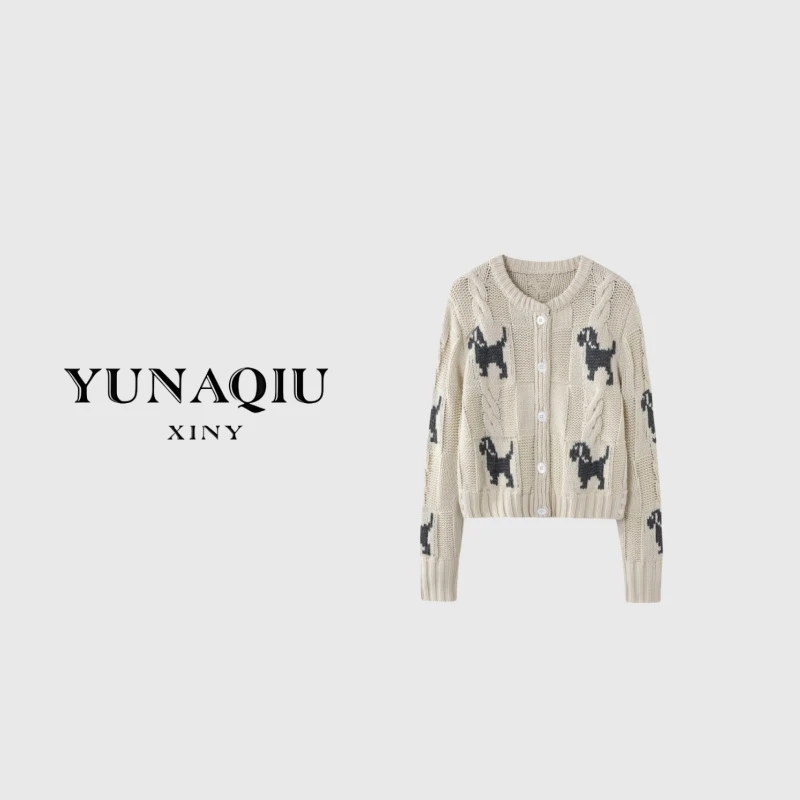 YUNAQIU 时尚休闲女士粗针钩花腊肠狗圆领长袖短款毛衣外套-6086