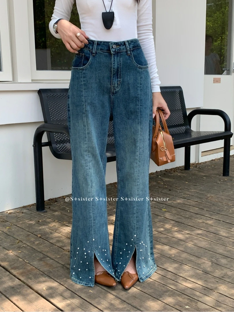 (晓晓家)春夏新款时尚韩版钉珠开衩喇叭牛仔裤