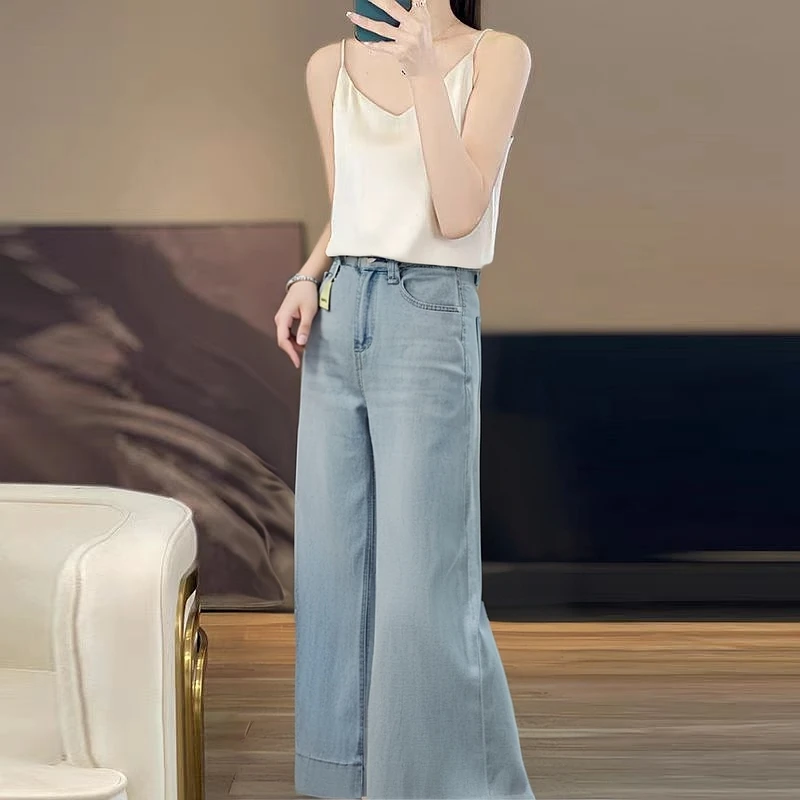 新款水洗软牛仔裤女夏季薄款小个子宽松显瘦直筒阔腿裤子
