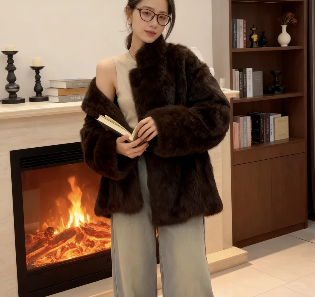 25新款跨境兔毛皮草外套女冬季立领保慵懒风皮毛一体兔毛皮草外