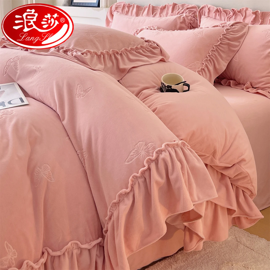 浪莎冬季牛奶绒雕花床上四件套加厚保暖公主风双面珊瑚绒床单被套