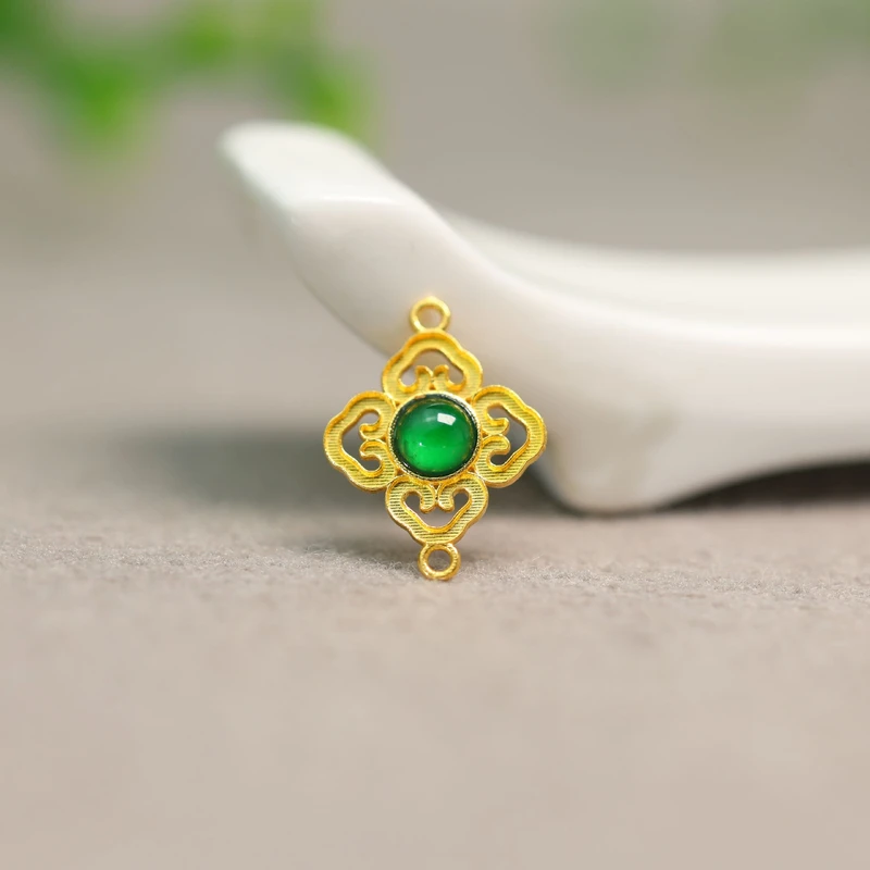 #I838 18K金镶嵌冰种满绿天然A货翡翠蛋面四叶草形珠串手链配件