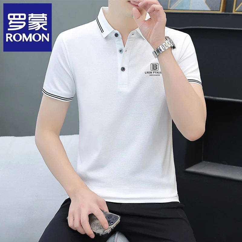 Romon/罗蒙夏季新款冰丝男士POLO衫短袖潮流修身T恤翻领半袖上衣