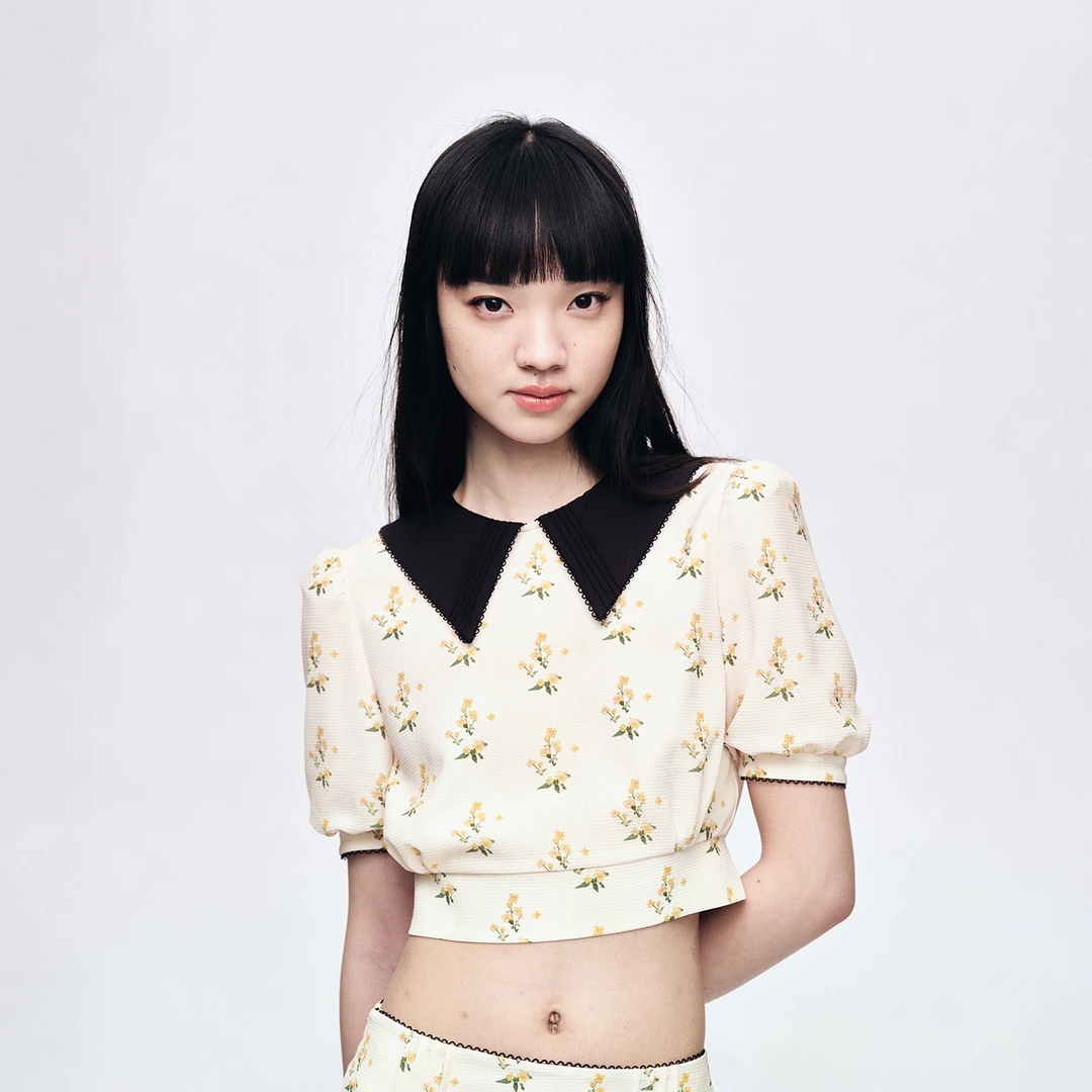 HERLIAN 2025年夏季新品女士复古V领泡泡袖拼色碎花上衣