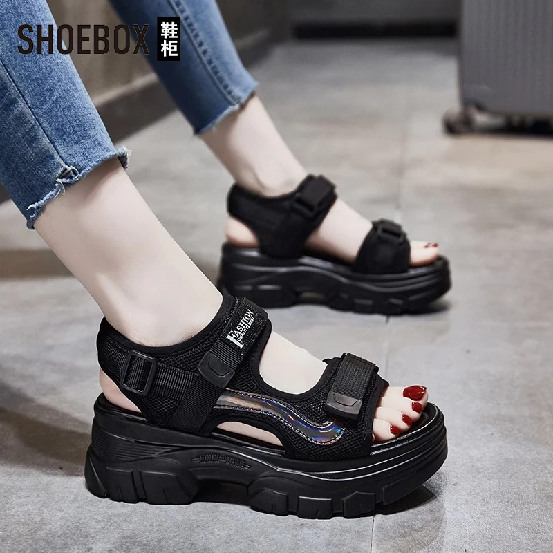 SHOEBOX鞋柜老爹凉鞋女款2025夏季新款厚底松糕鞋运动沙滩鞋子
