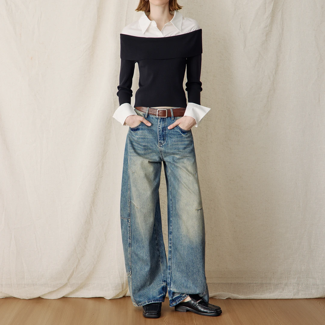 DNCY丨经典复古水做旧牛仔裤女秋冬新款高腰显瘦宽松阔腿拖地裤