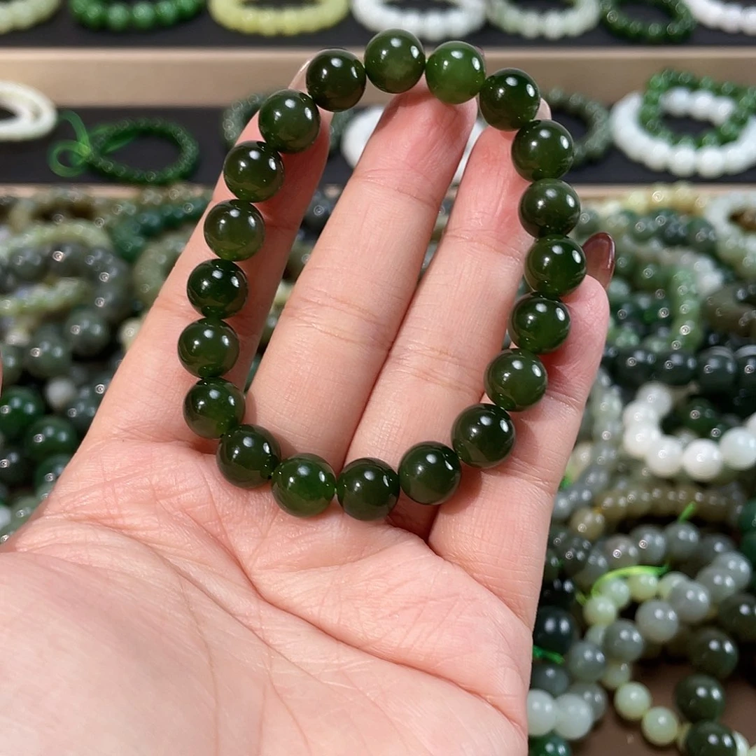 和田玉（碧玉）手链未镶嵌俄 菠菜绿10