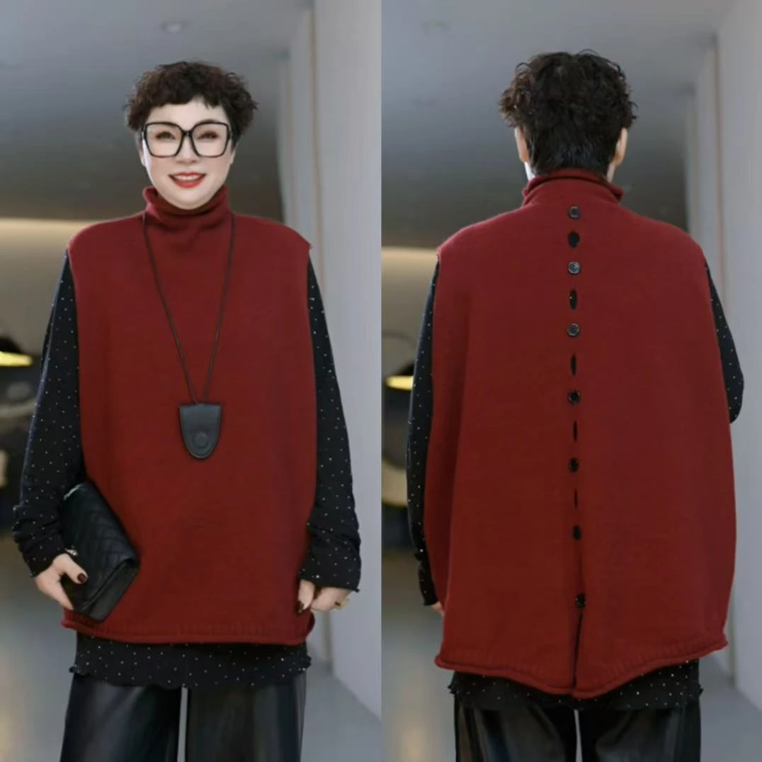 【原野焦糖】冬季韩版立领背心宽松带扣坎肩毛衣不规则针织马甲