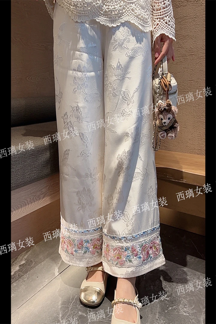 【春绣】刺绣春季新中式国风休闲裤女士直筒裤阔腿九分裤子立体提花