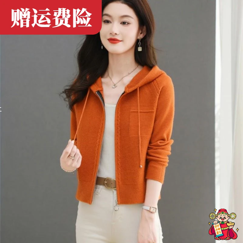 高级感针织开衫小个子拉链短外套女连帽休闲春秋时髦纯色毛衣百搭