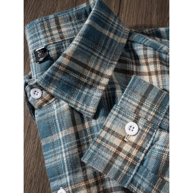 高街设计感小众上衣美式复古长袖蓝色格子衬衫外穿开衫男女款叠穿