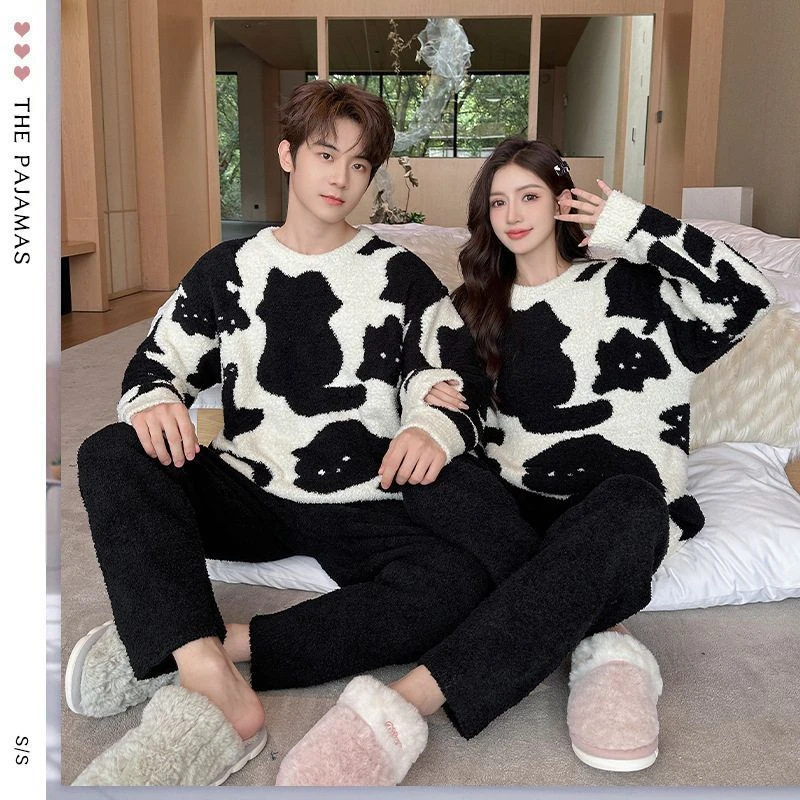 黑白小猫情侣秋冬保暖睡衣套装可爱卡通长袖长裤情侣家居服可外穿