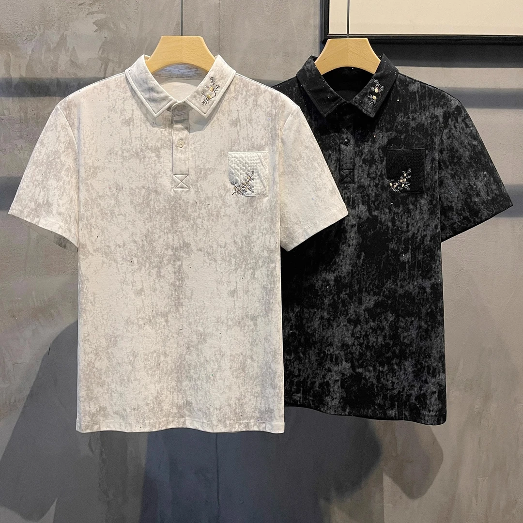 满天星烫钻刺绣POLO衫男夏季时尚潮流帅气休闲短袖男修身翻领上衣