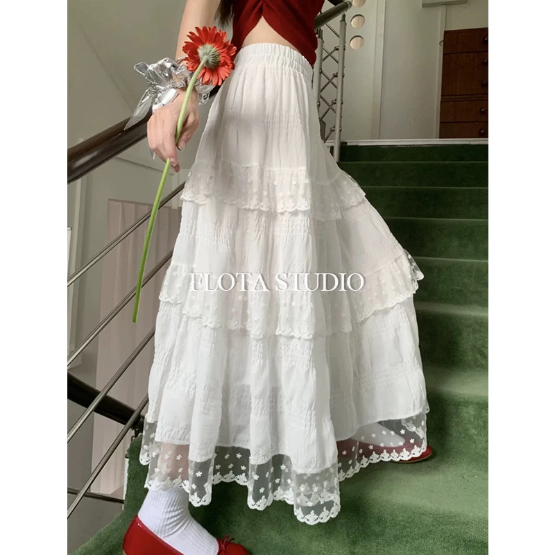 【flota】甜美风蕾丝花边拼接蛋糕裙a字高腰大裙摆半身长裙0088