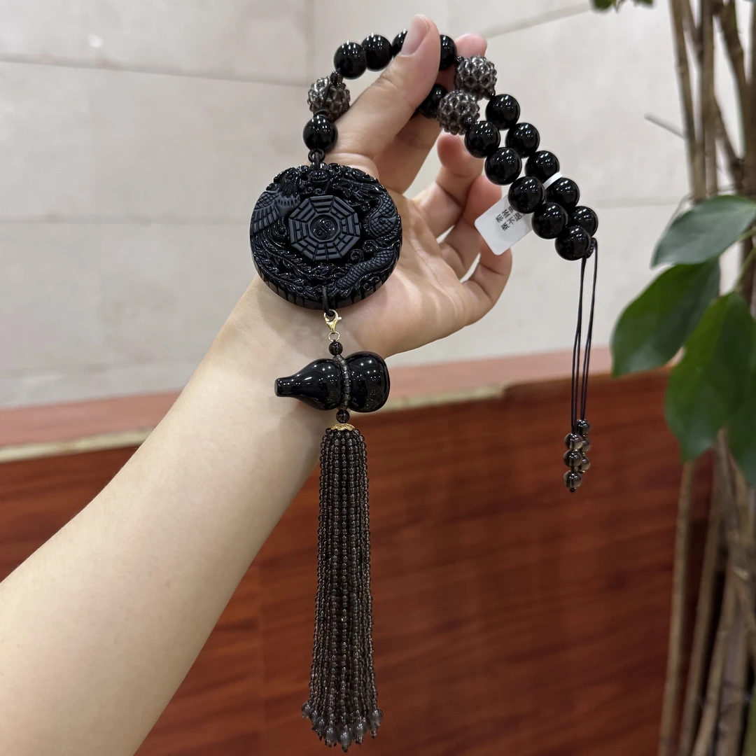 安禾·天然黑曜石龙凤牌925银茶晶流苏挂饰