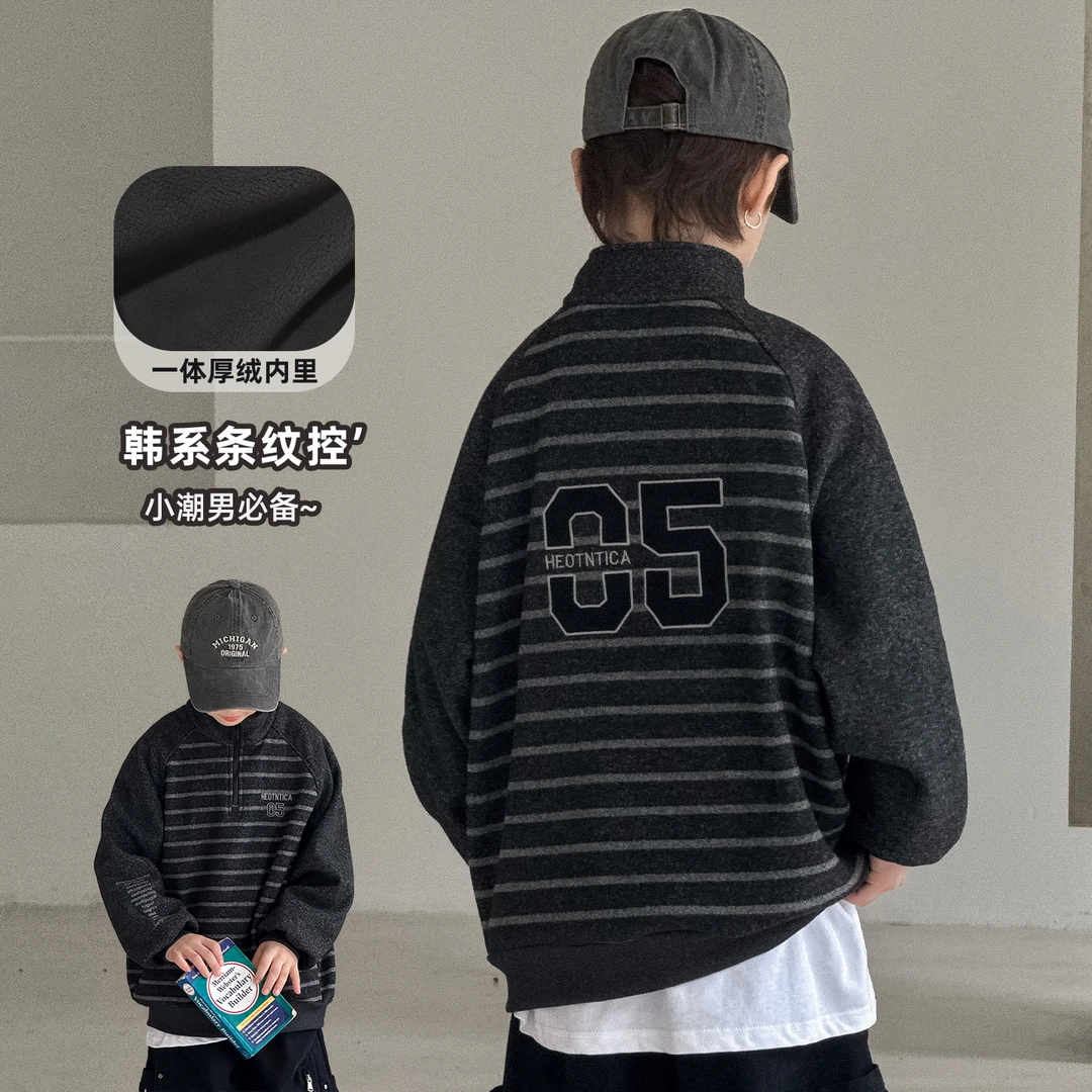 【高质量】男童冬季卫衣加绒加厚2025新款中大童半高领一体绒上衣潮