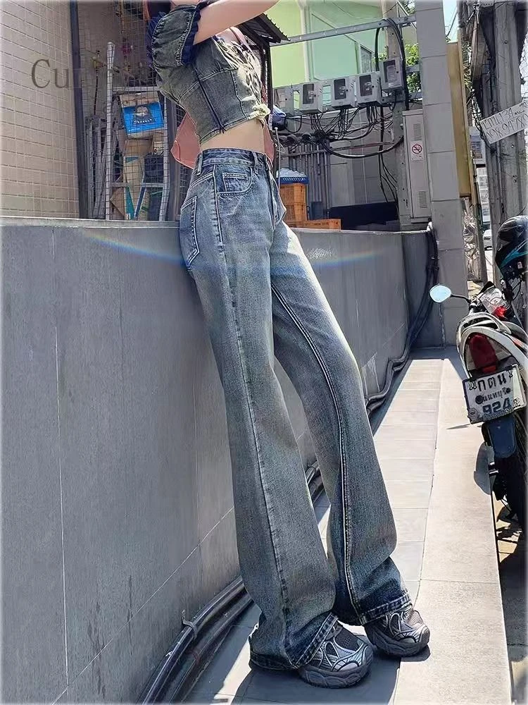 高个子加长版美式复古微喇叭牛仔裤女春夏高腰宽松显瘦直筒拖地裤