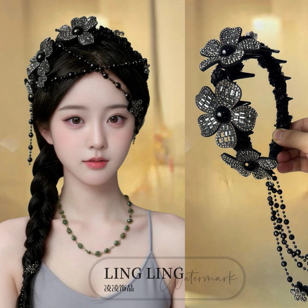 【璀璨发箍】长流苏可拆卸复古休闲风原创设计增高颅顶黑色气质发箍