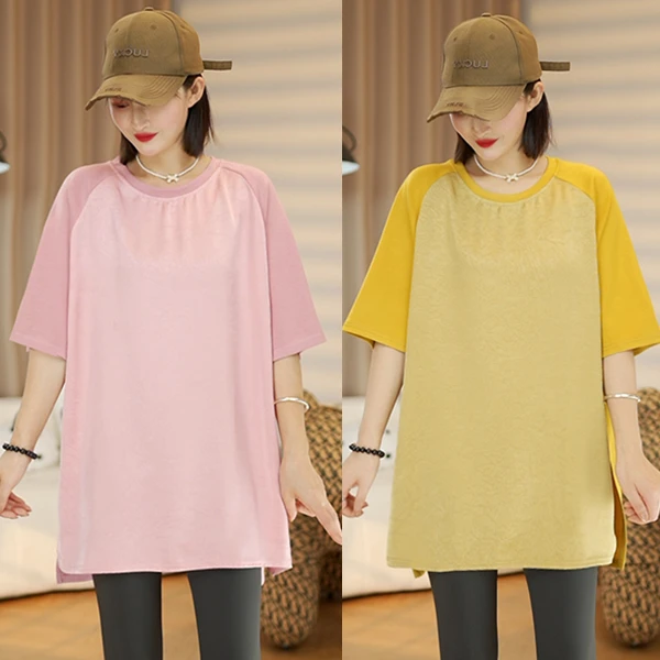 夏季新欧货缎面拼接冰感纯色T恤简约时尚百搭休闲宽松显瘦上衣