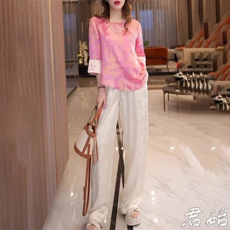 新中式国风穿搭时尚套装女夏醋酸提花显瘦上衣阔腿长裤高档两件套
