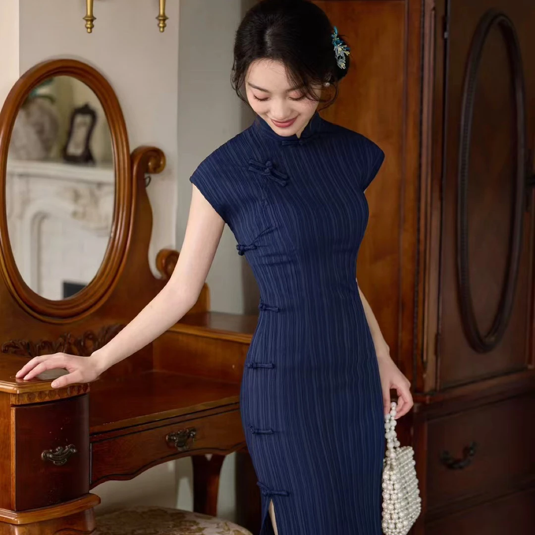 墨兰｜新中式国风短袖改良深蓝色旗袍女夏2025日常素雅修身连衣裙