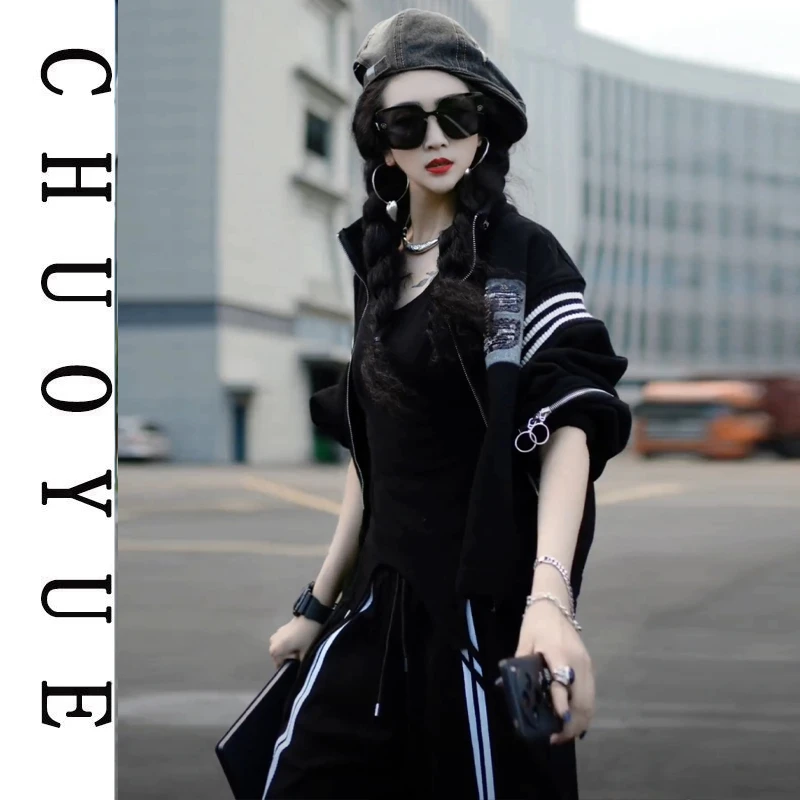 绰乐潮牌欧货早秋新款外套宽松百搭绣花拼接+黑色百搭时尚裤