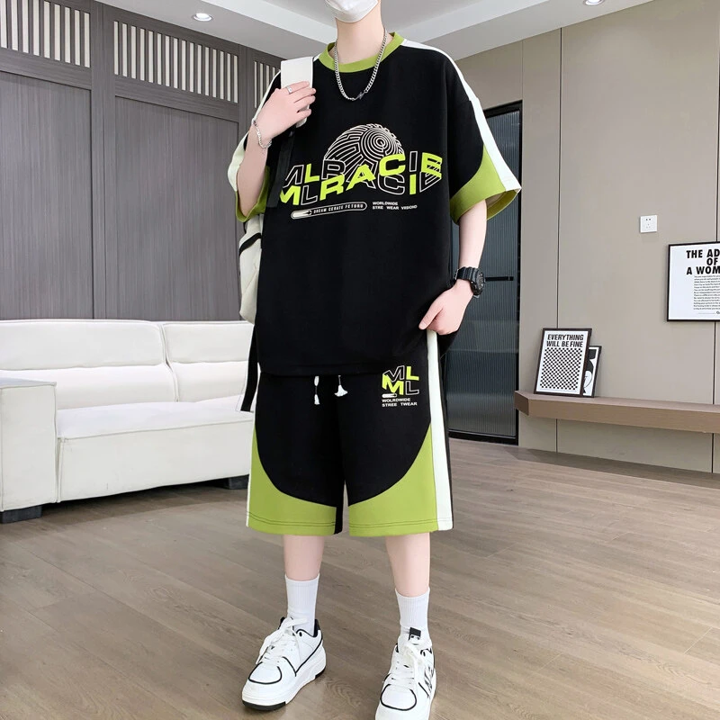 短袖短裤套装男士夏季休闲宽松加肥加大码五分袖运动两件套潮