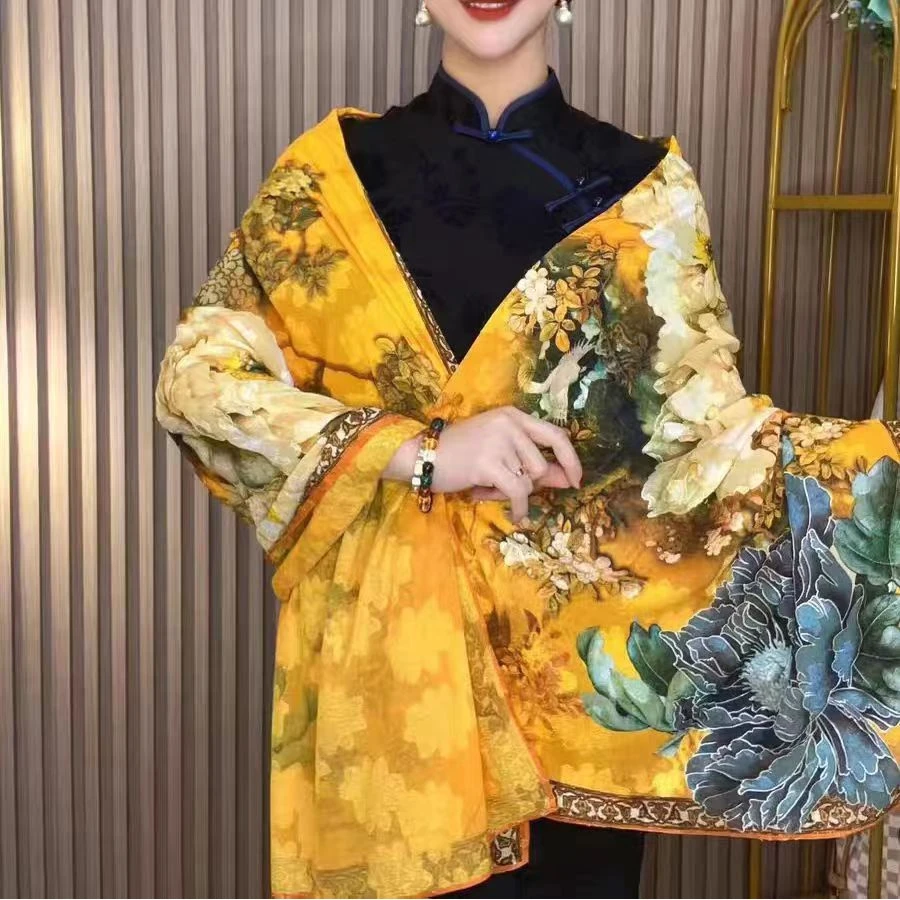 B03黄金牡丹新款乔其纱丝巾百搭长方形剪花围巾优雅披肩