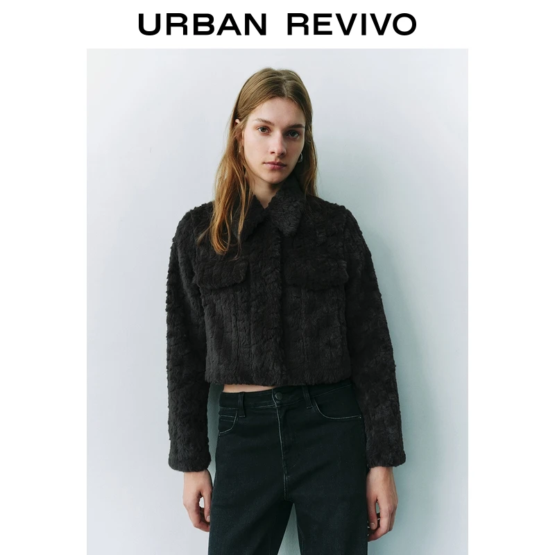 UR2026春季新款女装流光风翻领口袋毛绒外套UYY150035+