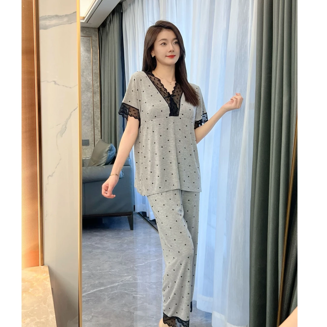 【有胸垫】莫代尔棉短袖长裤胸垫蕾丝套装