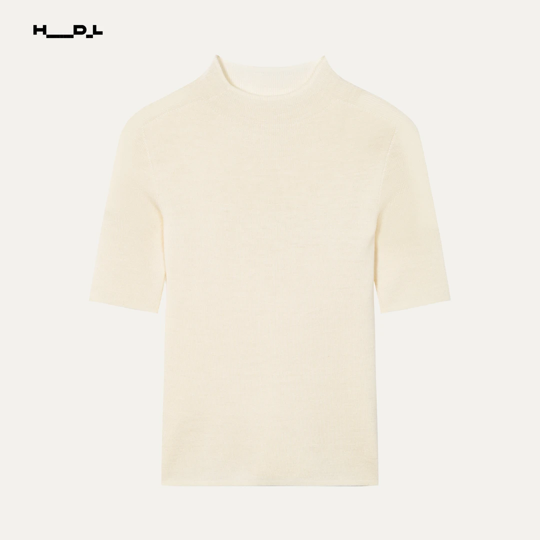HDL CONFIADO·本白色立连领针织短袖打底衫
