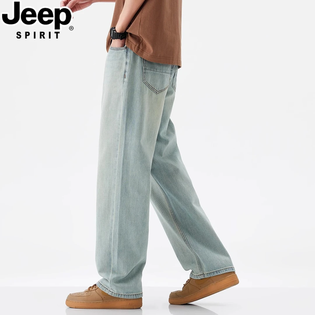 JEEPSPIRIT吉普春季怀旧浅蓝复古牛仔裤男士垂感宽松直筒长裤子