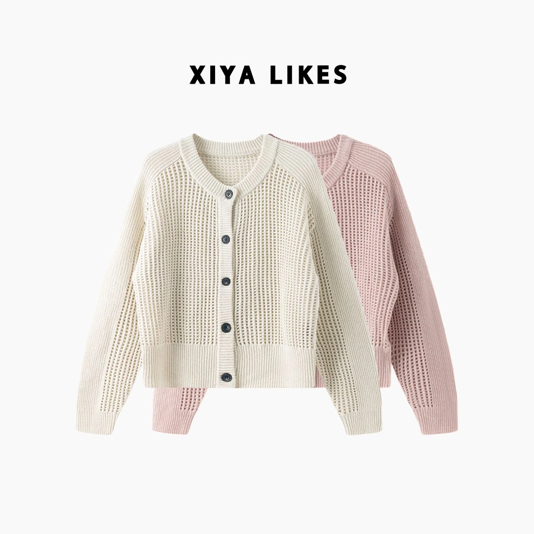 XIYA LIKES【舒芙蕾】早春圆领镂空羊毛羊绒针织开衫xyH601005