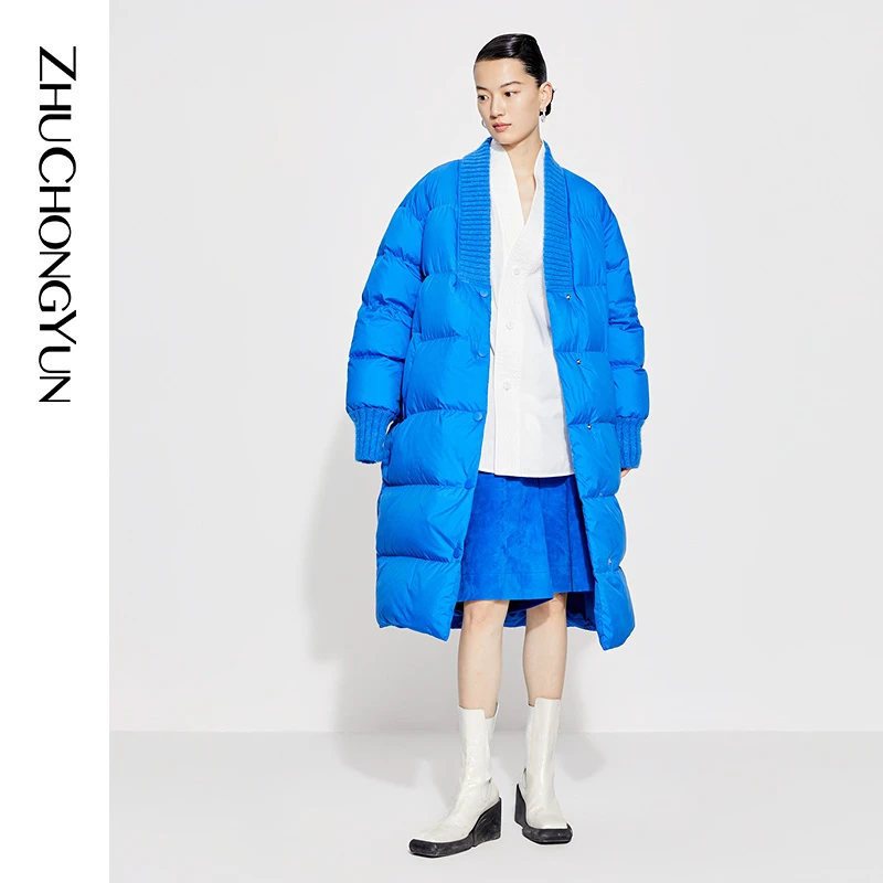 ZHUCHONGYUN【新中式羽绒】秋冬女士罗纹V白鹅绒羽绒外套C1DE3538Y