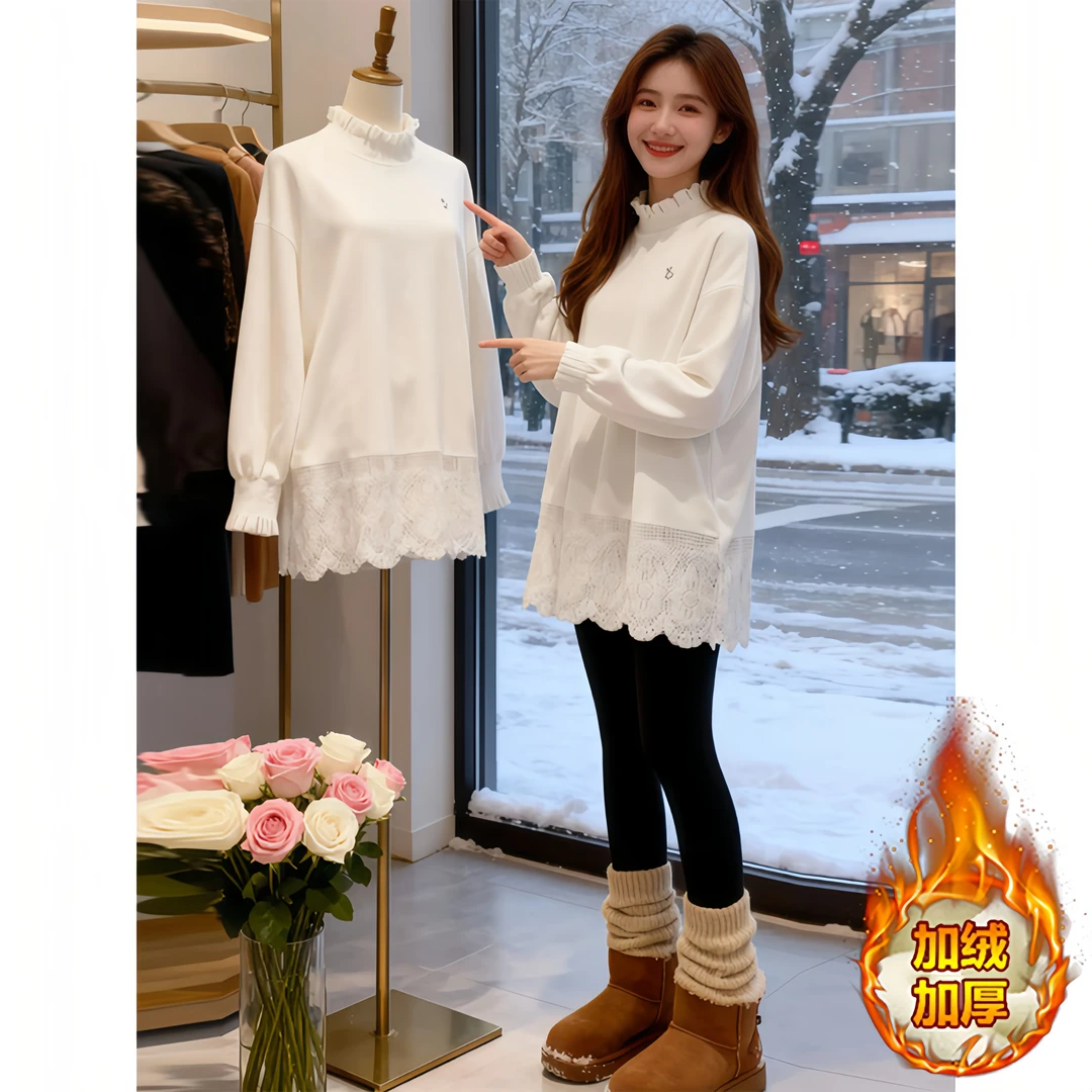 2025秋冬季新款洋气蕾丝拼接加绒加厚T恤长袖打底衫女士百搭上衣
