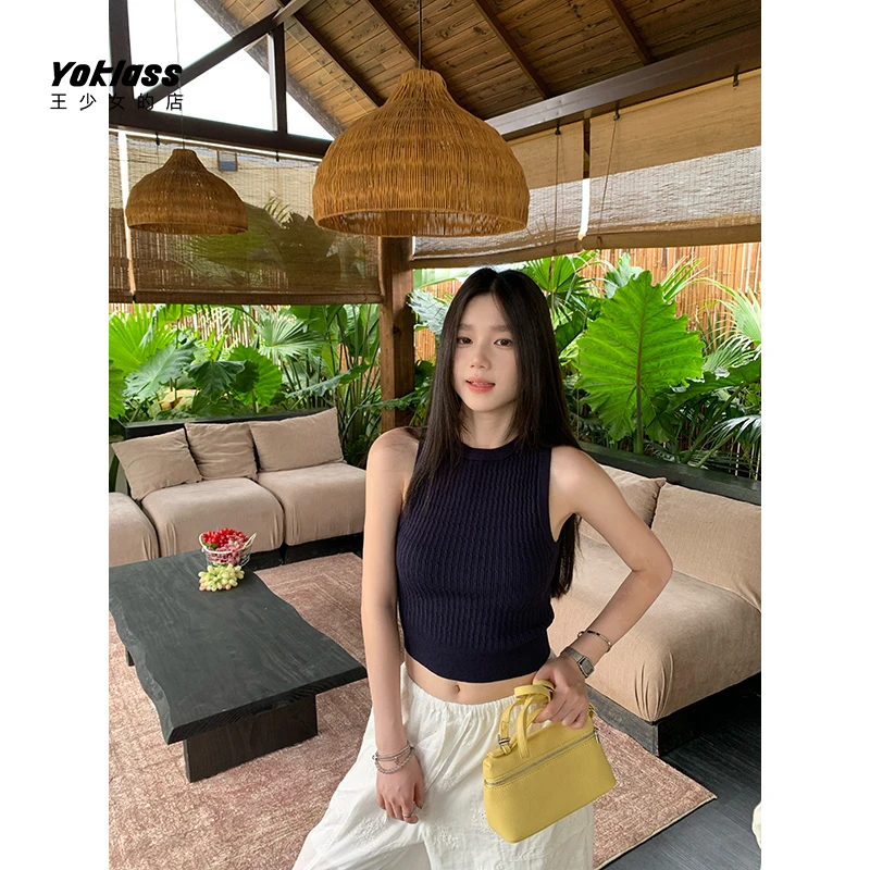 王少女的店 藏青色圆领无袖毛衣夏季辣妹显瘦百搭上衣 M36219S53