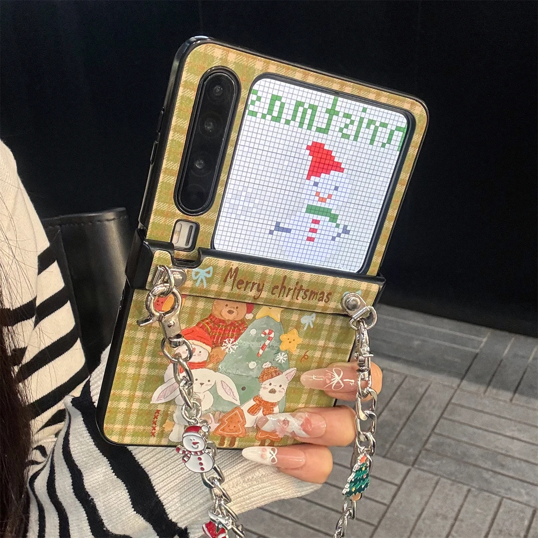 适用华为purax折叠屏手机壳绿色皮质pocket2格纹圣诞树小动物链条