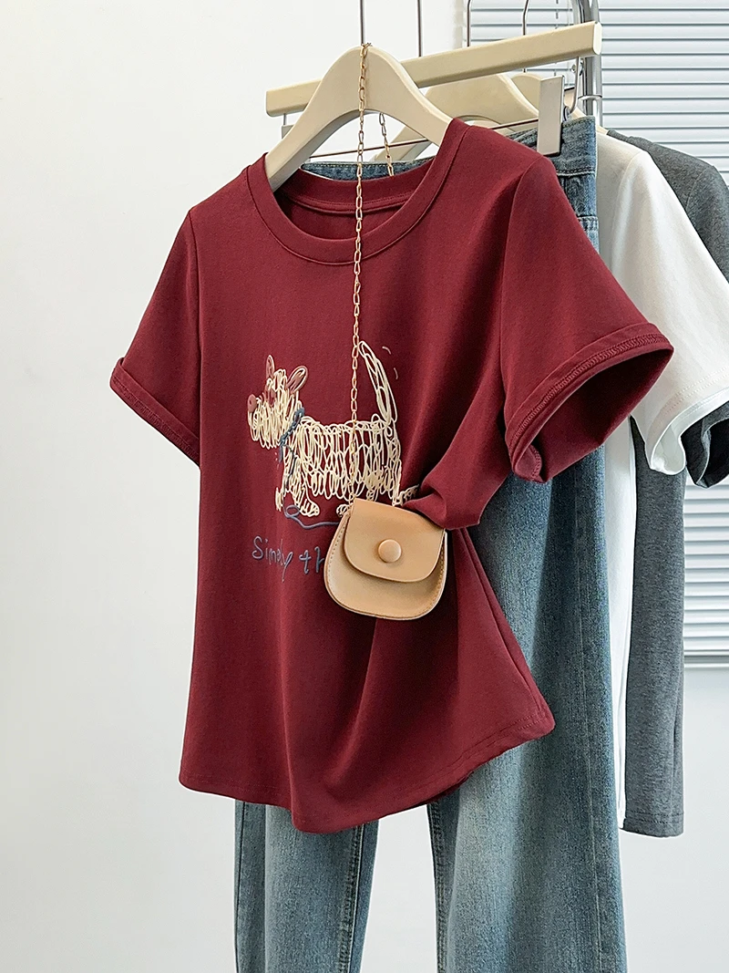 2025夏装新款胖mm大码女卡通印花设计感圆领正肩短袖T恤